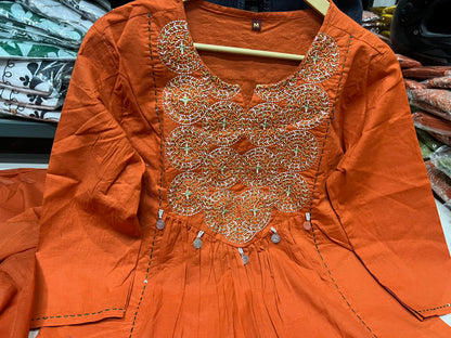 Cotton Embroidered Kurti Pant Set with Dupatta