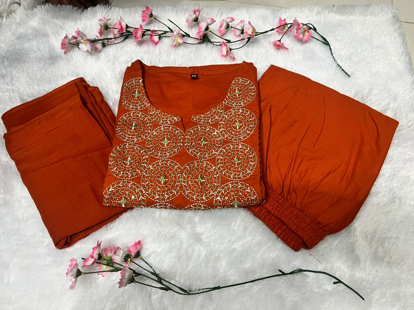 Cotton Embroidered Kurti Pant Set with Dupatta