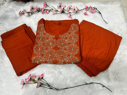 Cotton Embroidered Kurti Pant Set with Dupatta