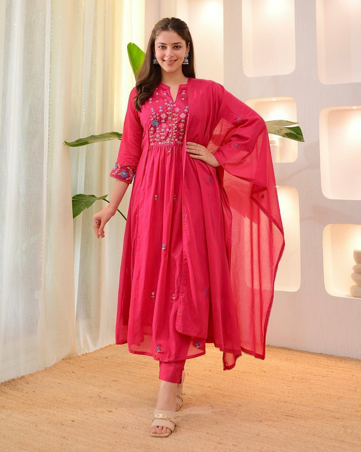 Cotton Embroidered Kurti Pant Set with Mal Mal Dupatta