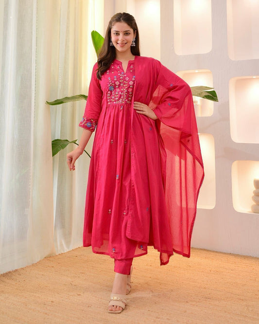Cotton Embroidered Kurti Pant Set with Mal Mal Dupatta