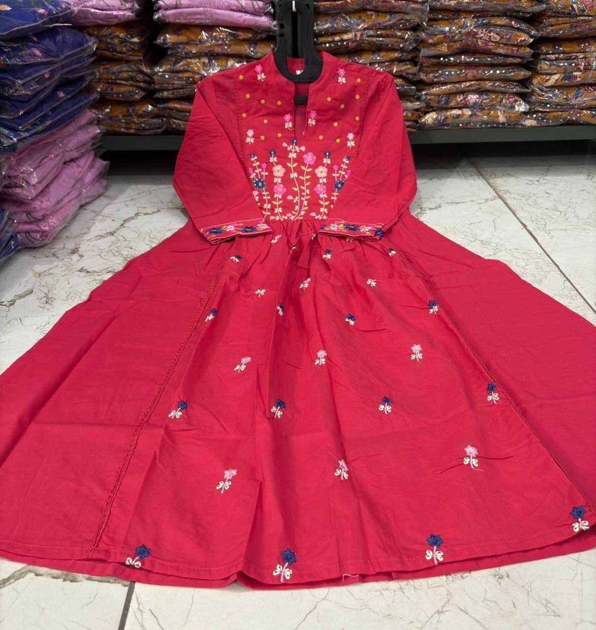 Cotton Embroidered Kurti Pant Set with Mal Mal Dupatta