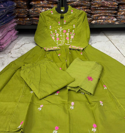 Cotton Embroidered Kurti Pant Set with Mal Mal Dupatta