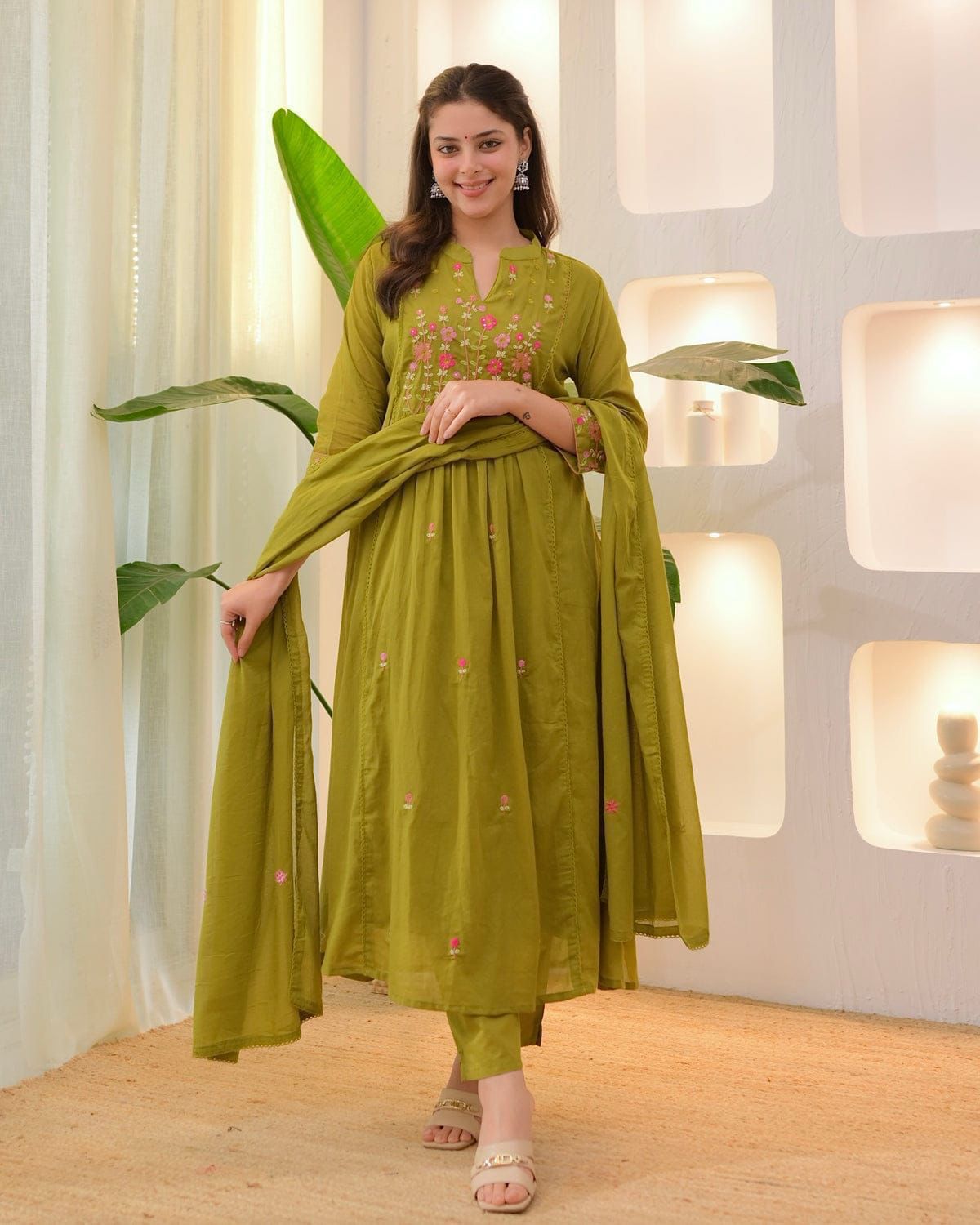 Cotton Embroidered Kurti Pant Set with Mal Mal Dupatta