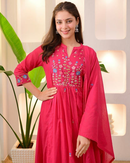 Cotton Embroidered Kurti Pant Set with Mal Mal Dupatta