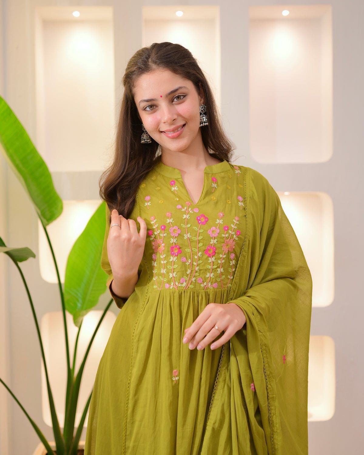 Cotton Embroidered Kurti Pant Set with Mal Mal Dupatta