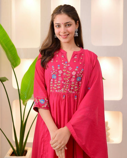 Cotton Embroidered Kurti Pant Set with Mal Mal Dupatta