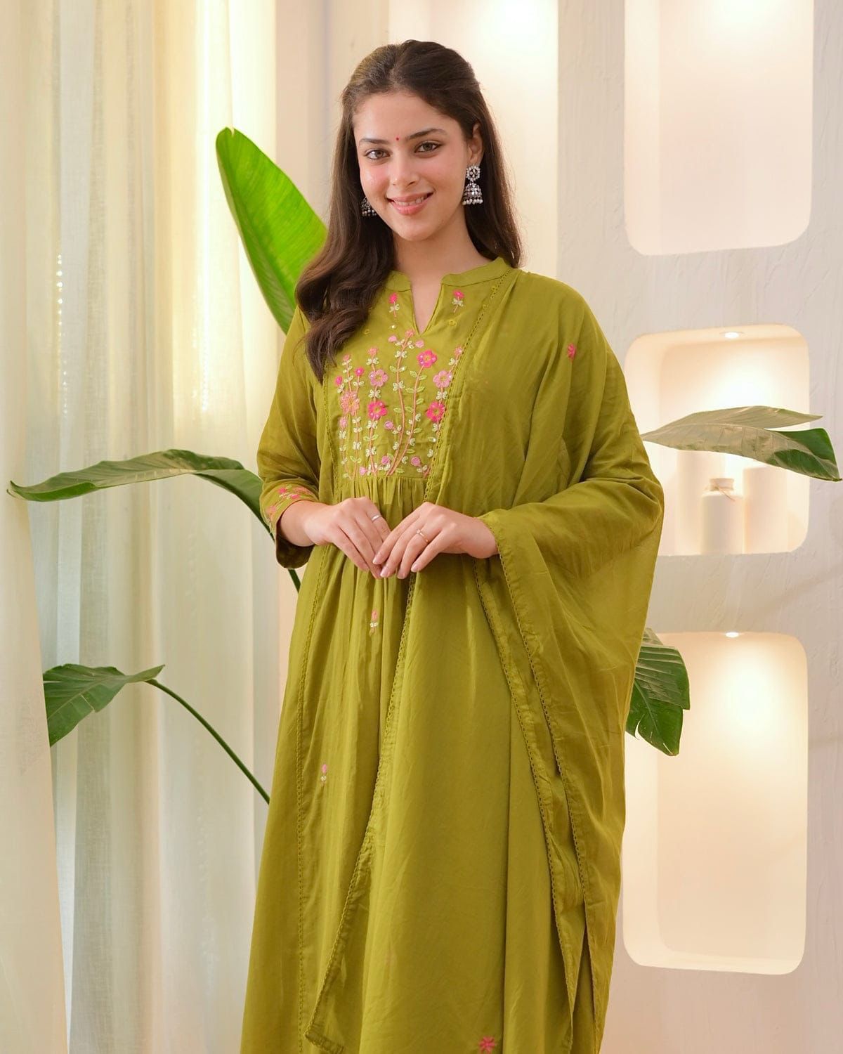 Cotton Embroidered Kurti Pant Set with Mal Mal Dupatta