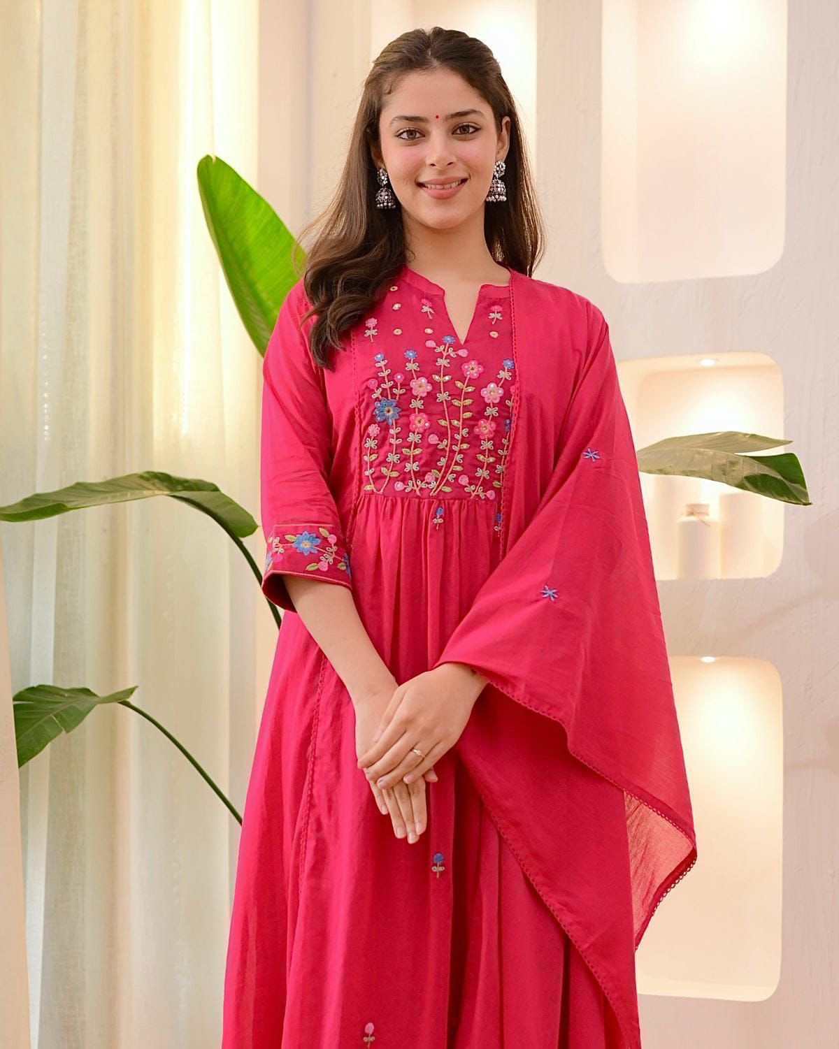 Cotton Embroidered Kurti Pant Set with Mal Mal Dupatta