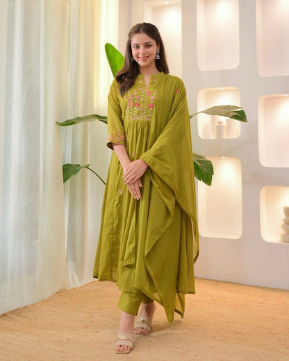 Cotton Embroidered Kurti Pant Set with Mal Mal Dupatta
