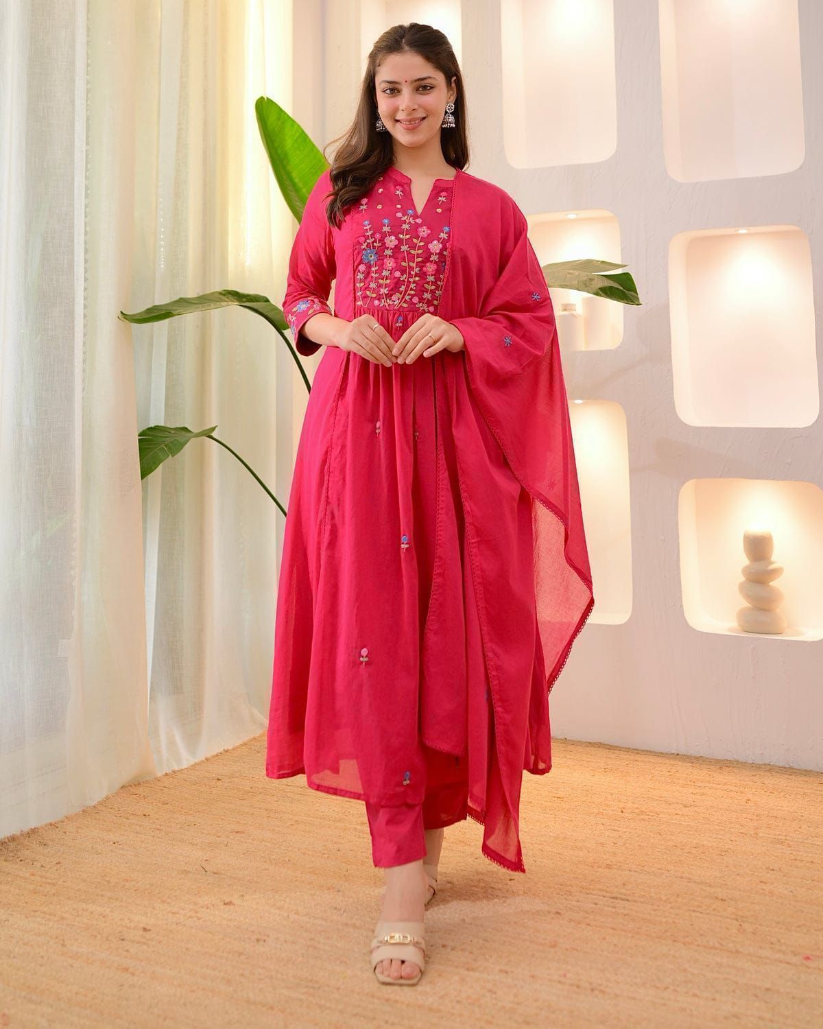 Cotton Embroidered Kurti Pant Set with Mal Mal Dupatta