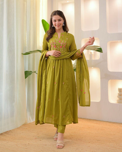 Cotton Embroidered Kurti Pant Set with Mal Mal Dupatta