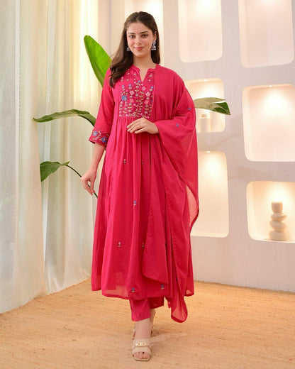 Cotton Embroidered Kurti Pant Set with Mal Mal Dupatta