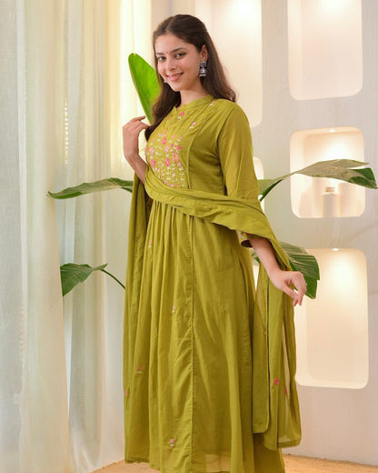 Cotton Embroidered Kurti Pant Set with Mal Mal Dupatta