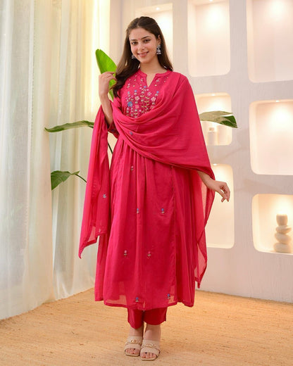 Cotton Embroidered Kurti Pant Set with Mal Mal Dupatta