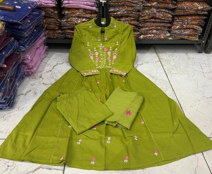 Cotton Embroidered Kurti Pant Set with Mal Mal Dupatta