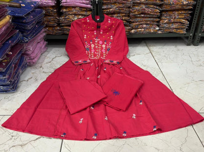 Cotton Embroidered Kurti Pant Set with Mal Mal Dupatta