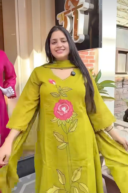 Cotton Embroidered Kurti Pant Set with Mul Cotton Dupatta – 3 Piece Fully Stitched Suit