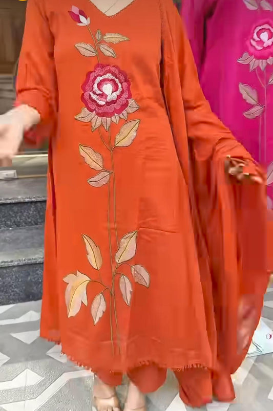Cotton Embroidered Kurti Pant Set with Mul Cotton Dupatta – 3 Piece Fully Stitched Suit