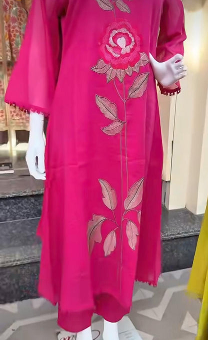 Cotton Embroidered Kurti Pant Set with Mul Cotton Dupatta – 3 Piece Fully Stitched Suit