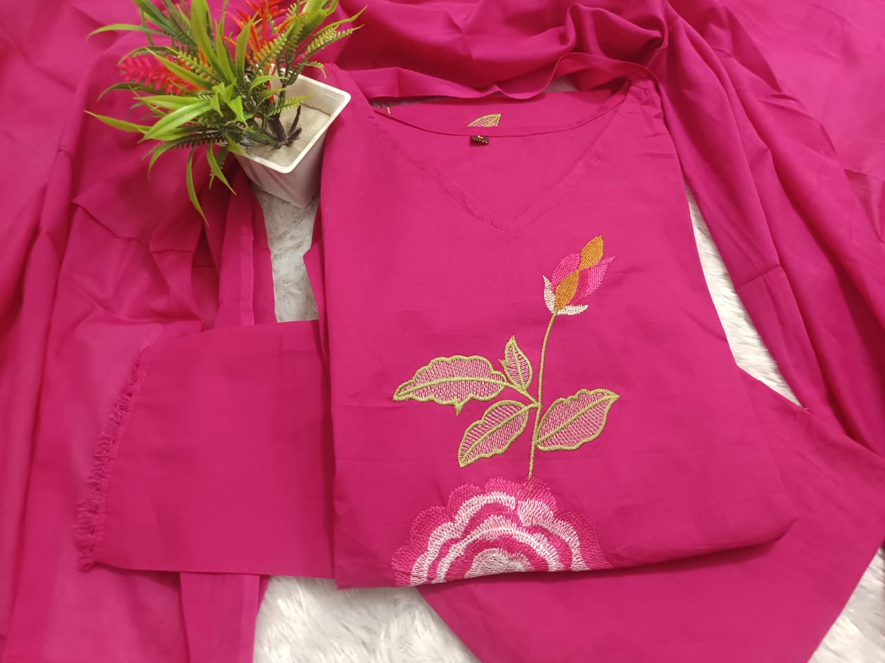 Cotton Embroidered Kurti Pant Set with Mul Cotton Dupatta – 3 Piece Fully Stitched Suit