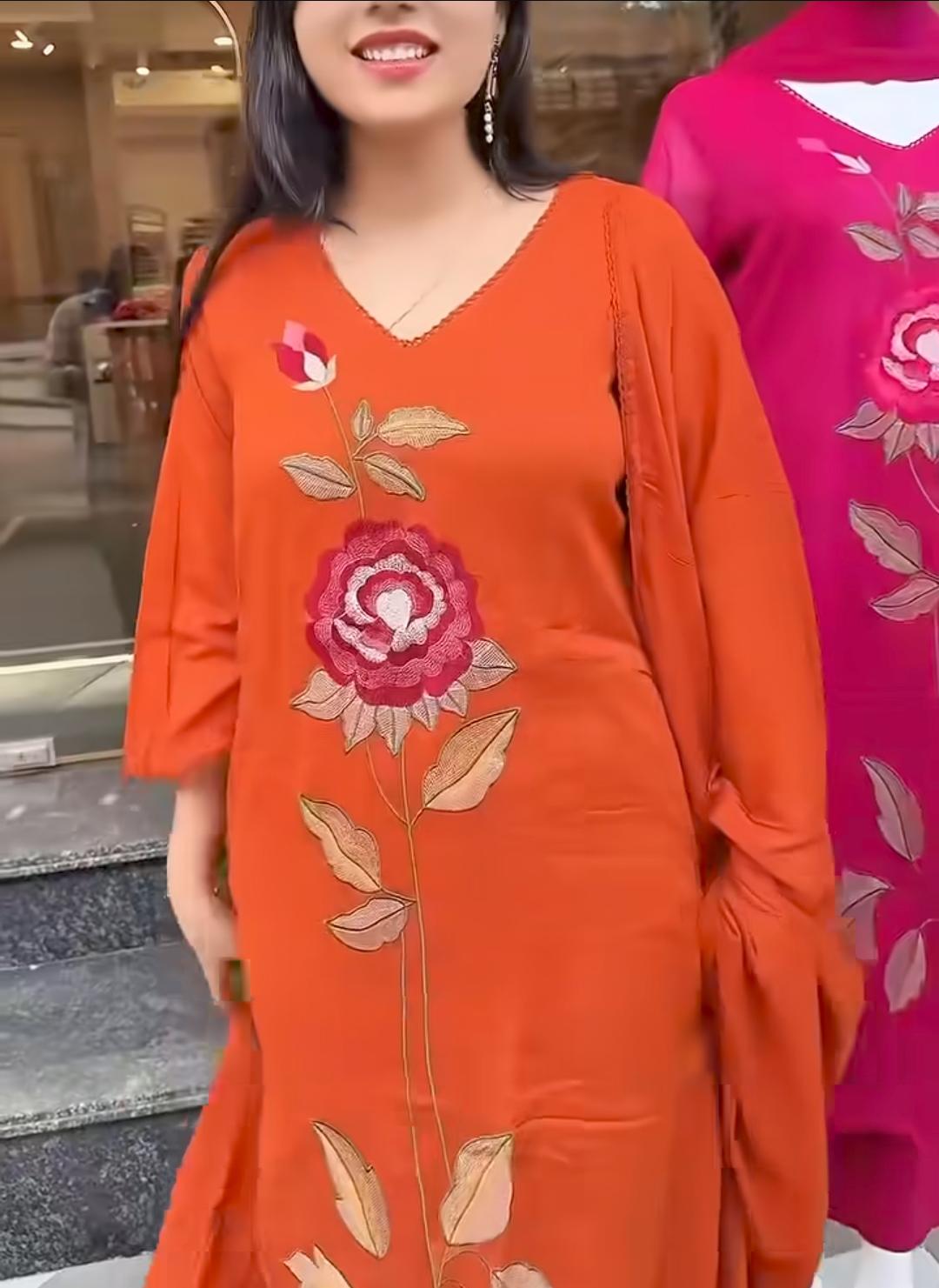 Cotton Embroidered Kurti Pant Set with Mul Cotton Dupatta – 3 Piece Fully Stitched Suit