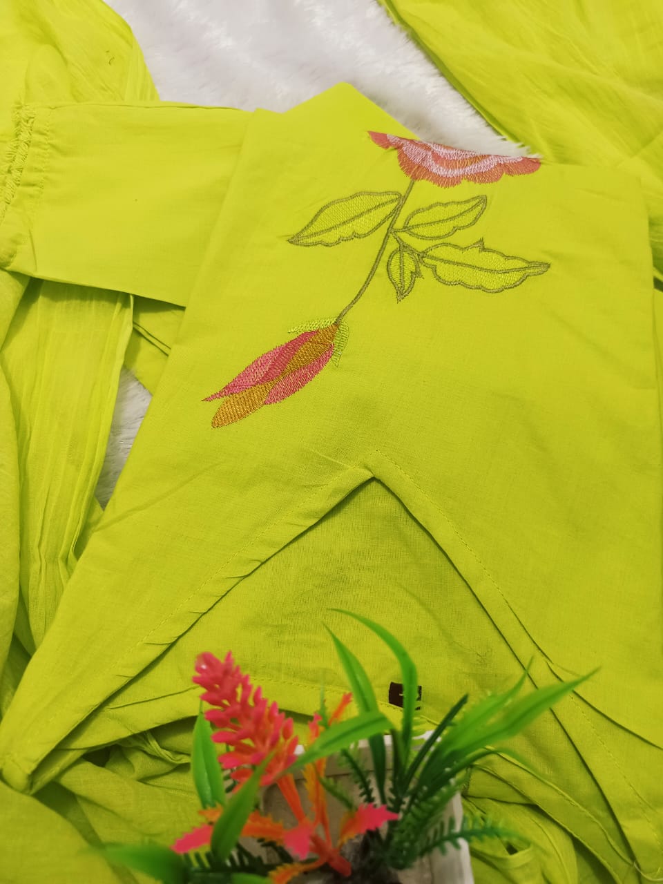 Cotton Embroidered Kurti Pant Set with Mul Cotton Dupatta – 3 Piece Fully Stitched Suit