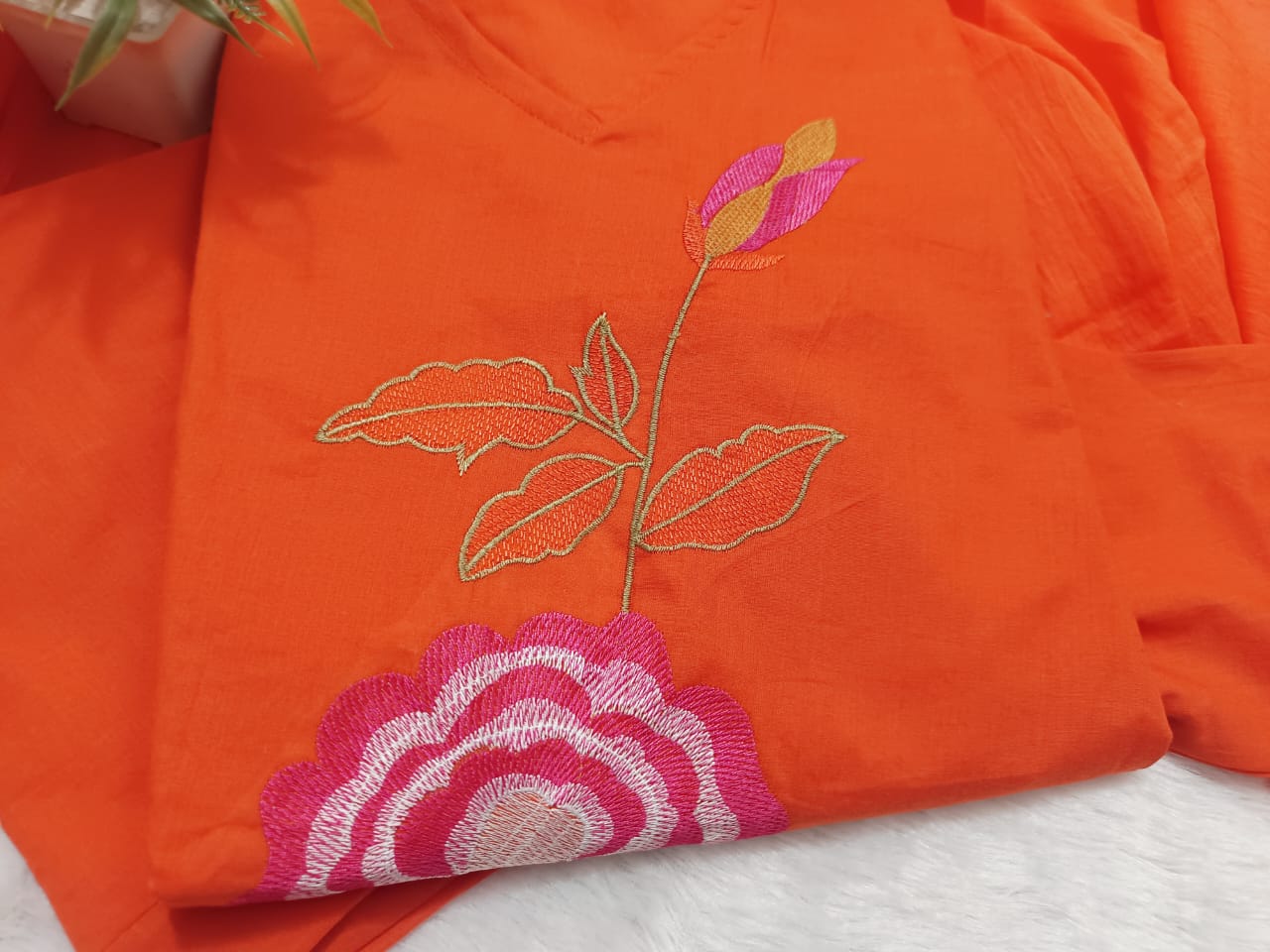 Cotton Embroidered Kurti Pant Set with Mul Cotton Dupatta – 3 Piece Fully Stitched Suit