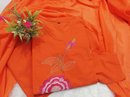 Cotton Embroidered Kurti Pant Set with Mul Cotton Dupatta – 3 Piece Fully Stitched Suit