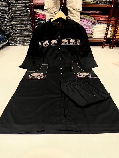 Cotton Embroidered Kurti Pant Set with Tagai Embroidery & Pocket