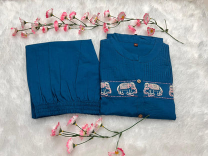 Cotton Embroidered Kurti Pant Set with Tagai Embroidery & Pocket