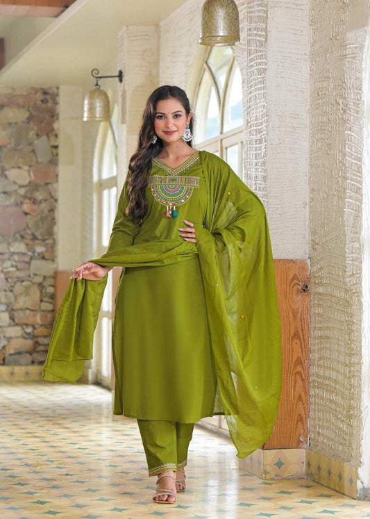 Cotton Embroidered Kurti Set with Mal Mal Dupatta & Moti Work