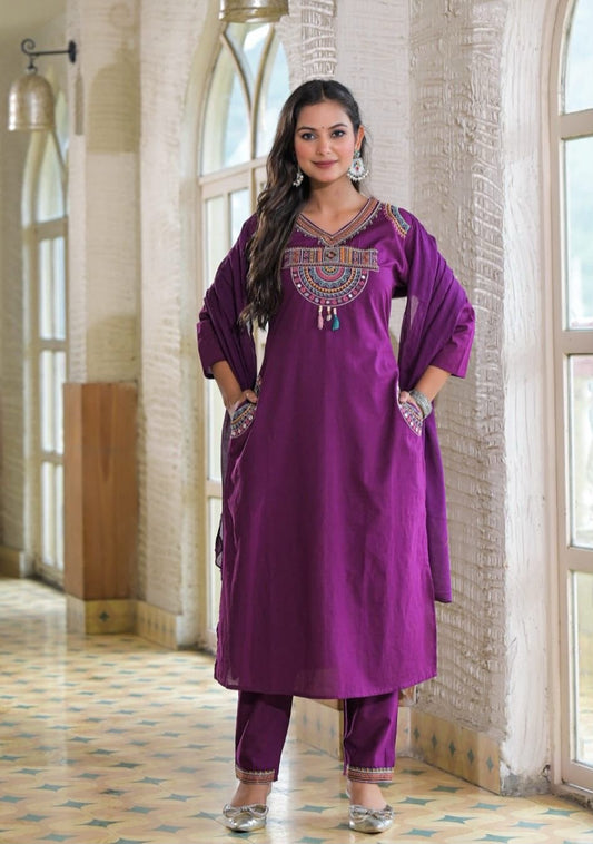 Cotton Embroidered Kurti Set with Mal Mal Dupatta & Moti Work