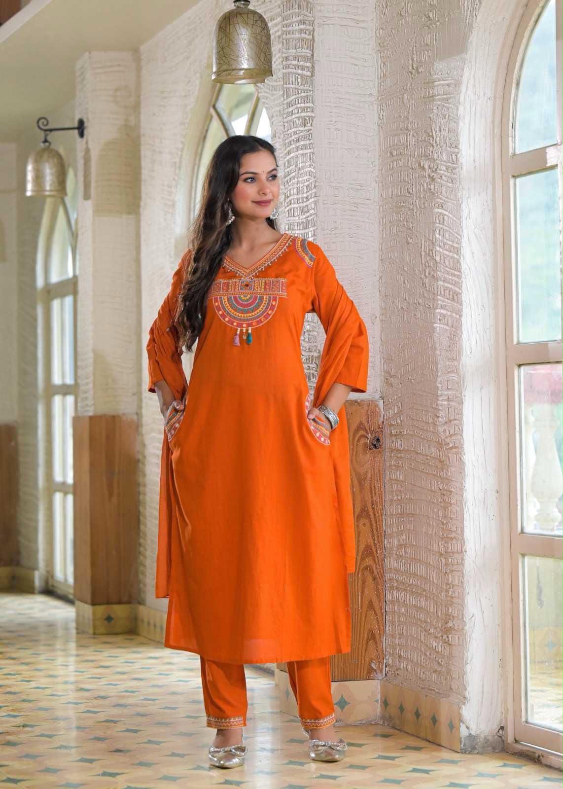 Cotton Embroidered Kurti Set with Mal Mal Dupatta & Moti Work