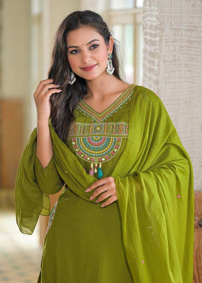 Cotton Embroidered Kurti Set with Mal Mal Dupatta & Moti Work