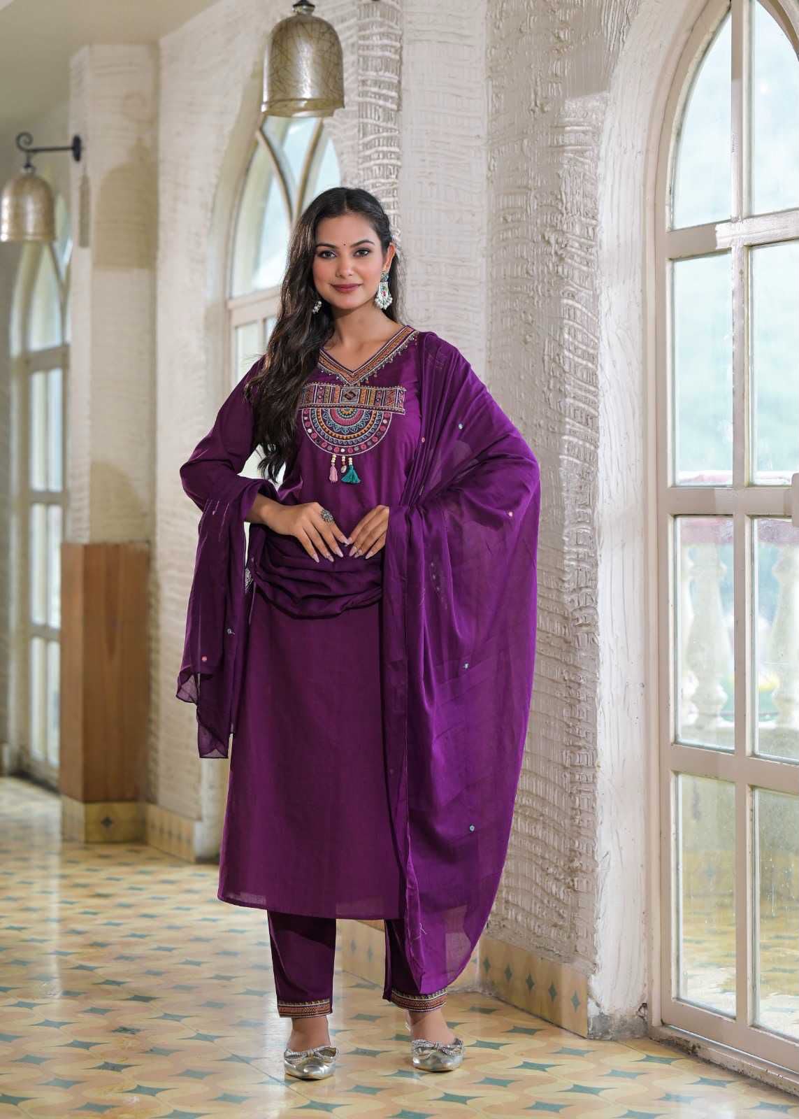Cotton Embroidered Kurti Set with Mal Mal Dupatta & Moti Work