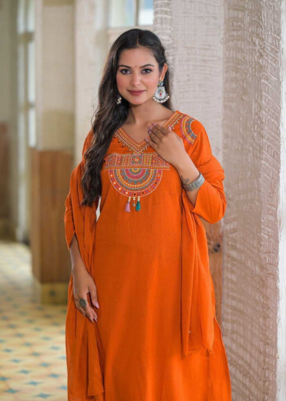 Cotton Embroidered Kurti Set with Mal Mal Dupatta & Moti Work