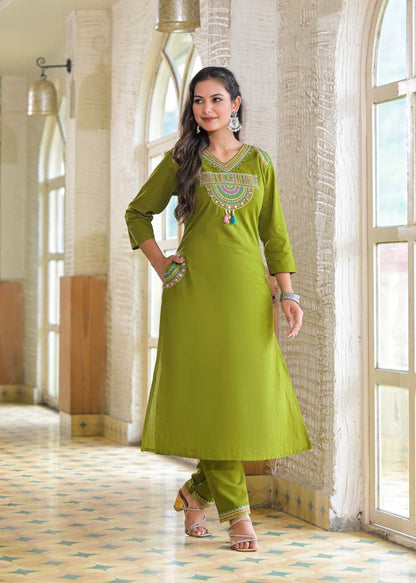Cotton Embroidered Kurti Set with Mal Mal Dupatta & Moti Work