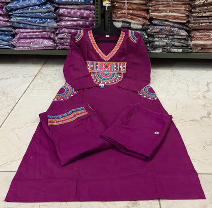 Cotton Embroidered Kurti Set with Mal Mal Dupatta & Moti Work