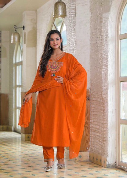 Cotton Embroidered Kurti Set with Mal Mal Dupatta & Moti Work