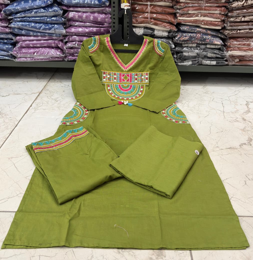 Cotton Embroidered Kurti Set with Mal Mal Dupatta & Moti Work