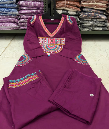 Cotton Embroidered Kurti Set with Mal Mal Dupatta & Moti Work