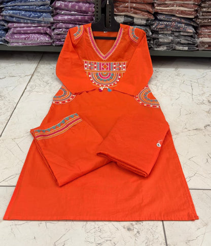 Cotton Embroidered Kurti Set with Mal Mal Dupatta & Moti Work