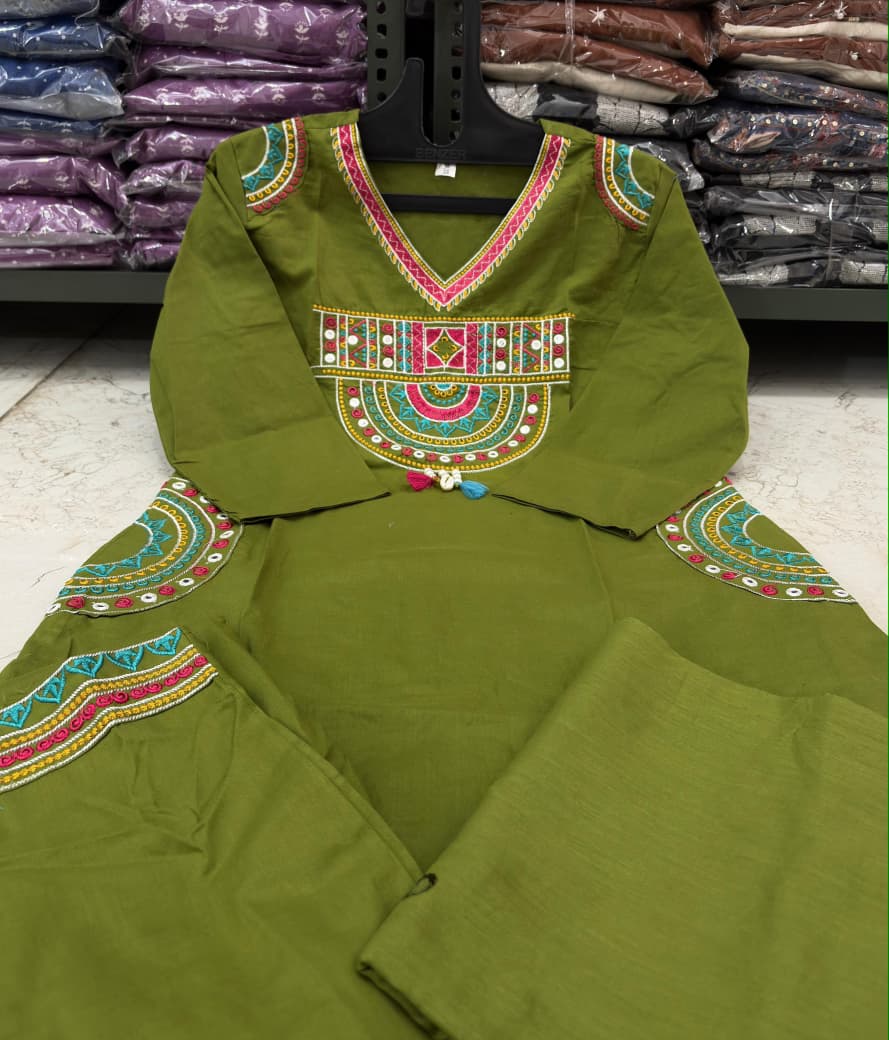 Cotton Embroidered Kurti Set with Mal Mal Dupatta & Moti Work