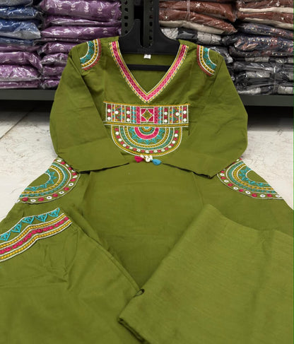 Cotton Embroidered Kurti Set with Mal Mal Dupatta & Moti Work
