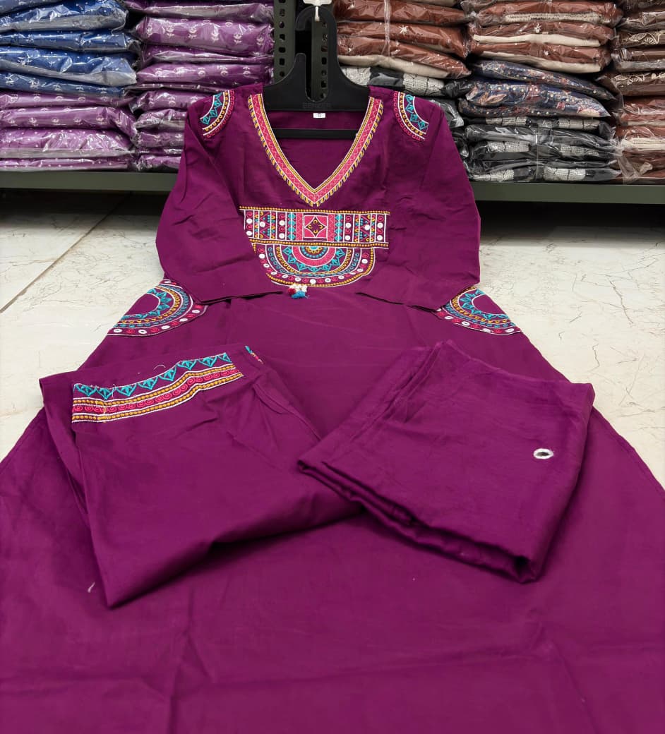 Cotton Embroidered Kurti Set with Mal Mal Dupatta & Moti Work