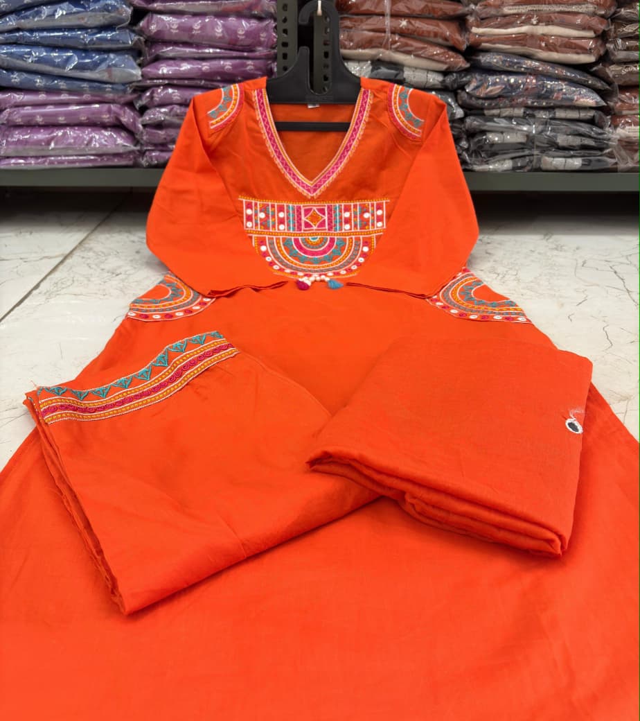 Cotton Embroidered Kurti Set with Mal Mal Dupatta & Moti Work