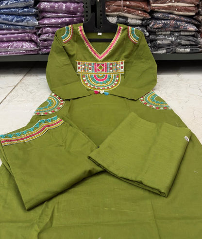 Cotton Embroidered Kurti Set with Mal Mal Dupatta & Moti Work