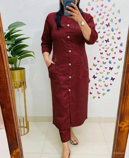 Cotton Embroidered Kurti with 2 Side Pockets & Pant Set