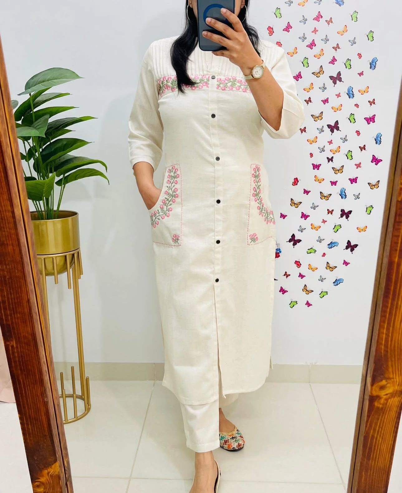 Cotton Embroidered Kurti with 2 Side Pockets & Pant Set